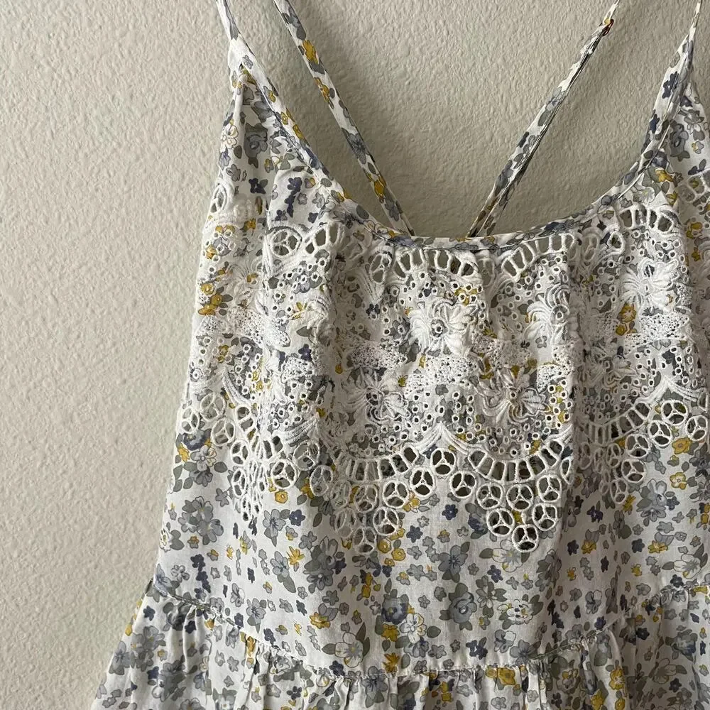 Free People Floral Babydoll Eyelet Tank Top Cottage Boho Soft Girl | Size S